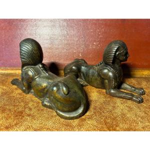 Two Cast Iron Sphinxes, 19th Century, Very Nice Patina. 